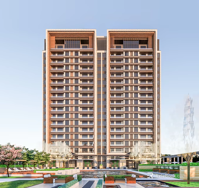 Modern High Rise Residential Building Exterior With Brown Facade Large Windows And Green Landscaping 3d model 