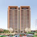 Modern High Rise Residential Building Exterior With Brown Facade Large Windows And Green Landscaping
