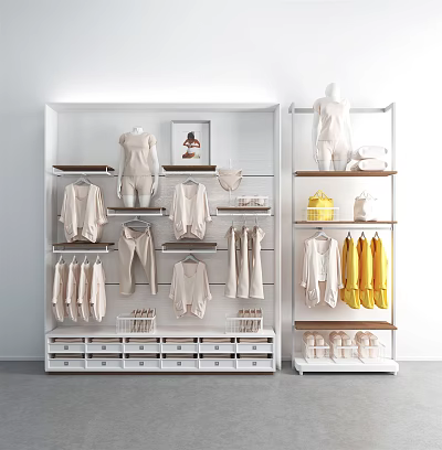 Retail Display Shelves With Mannequins Hanging Clothes Yellow Garments And Storage Drawers 3d model