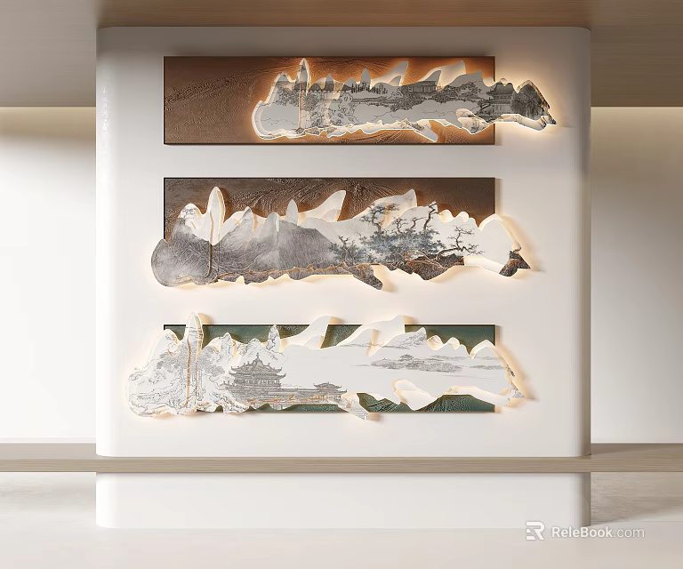 Three Piece Chinese Wall Decor With Landscape Art And Lighting 3d model