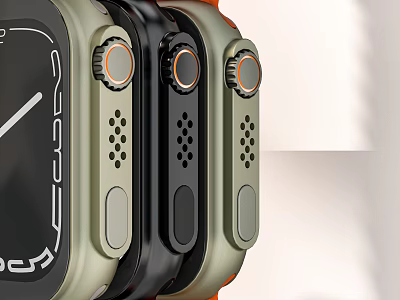 Modern Three Green Black Orange Smartwatches Side View Showing Crown And Speaker Holes 3d model