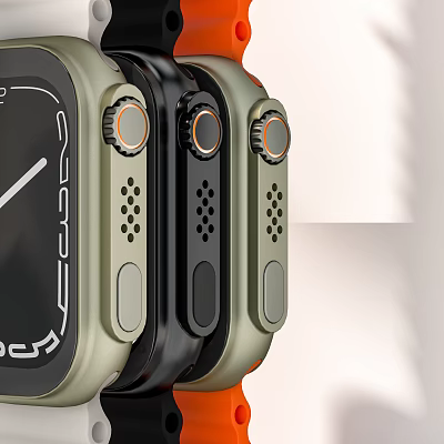 Modern Three Green Black Orange Smartwatches Side View Showing Crown And Speaker Holes 3d model