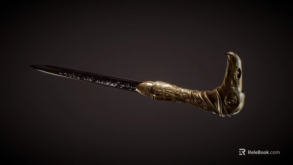 Antique Ornate Sword With Golden Carved Handle Intricate Patterns And Black Gem 3d model 