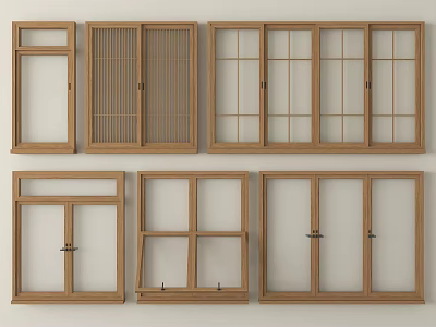Various Wooden Window Designs Including Sliding Casement And Grilled Panel Styles 3d model