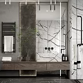 Modern Bathroom Interior With Marble Walls Open Shower Wooden Vanity Large Mirror And Green Plant