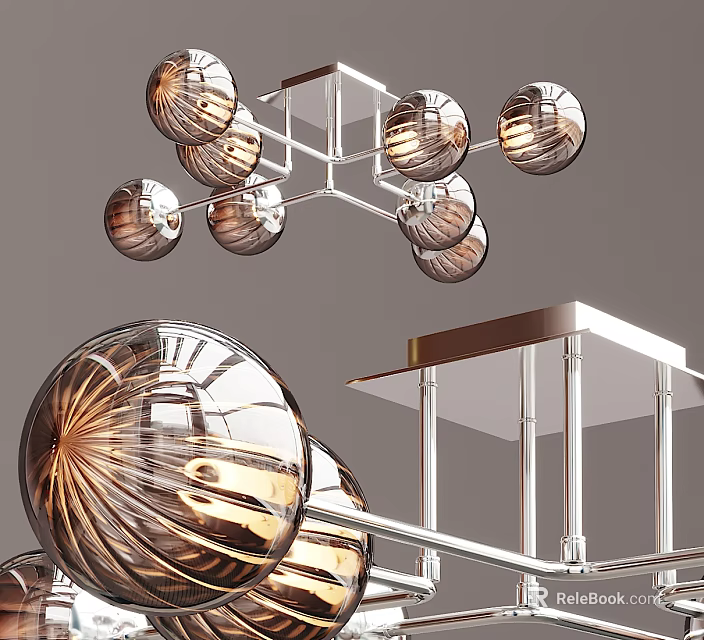 Modern Stylish Ceiling Light With Metal Geometric Frame And Multiple Glass Spherical Shades 3d model 