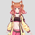 Anime Woman Dressed In Yellow Jacket Pink Skirt With Cat Ears Tail And Black Stockings