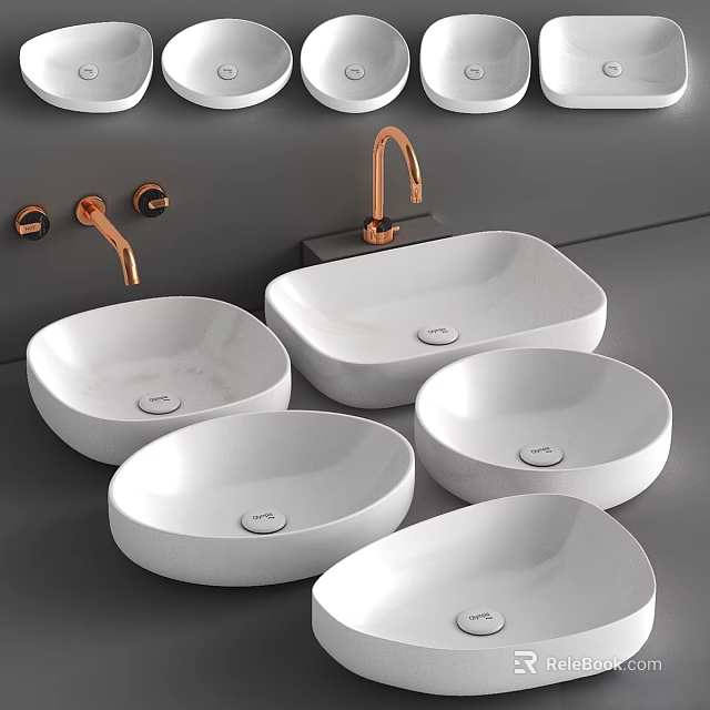 Multiple Modern White Washbasins With Copper Faucets On Gray Countertop 3d model