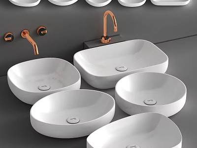 Multiple Modern White Washbasins With Copper Faucets On Gray Countertop 3d model