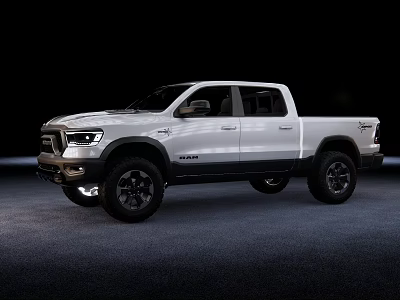 White Ram 1500 Crew Cab Pickup With Off Road Tires And Black Wheels 3d model