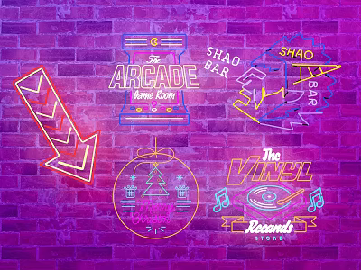 Decorative Neon Lights on Purple Brick Wall with Various Designs Including Signs And Symbols 3d model