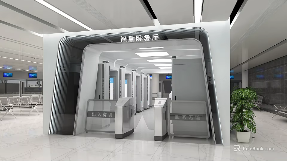 Smart Service Hall With Modern Self-service Devices And Entry Registration Kiosks 3d model 