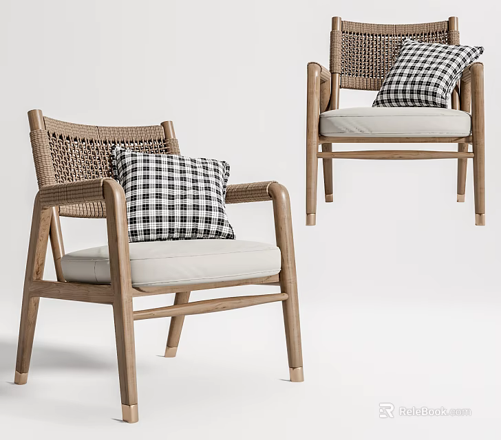 Woven Rattan Accent Chair with Wooden Frame Black and White Checkered Pillow and Beige Cushion 3d model 