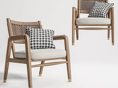 Woven Rattan Accent Chair with Wooden Frame Black and White Checkered Pillow and Beige Cushion 3d model