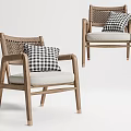Woven Rattan Accent Chair with Wooden Frame Black and White Checkered Pillow and Beige Cushion