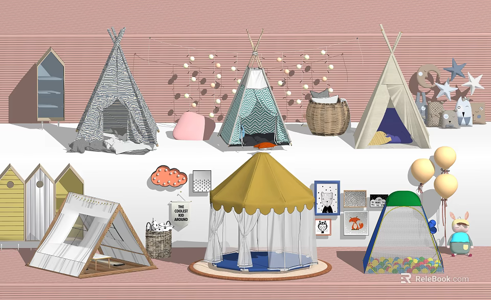 Colorful Kids Tents in Play Area with Plush Toys Picture Frames and Balloons 3d model 