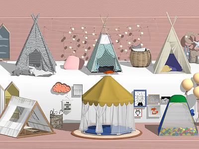 Colorful Kids Tents in Play Area with Plush Toys Picture Frames and Balloons 3d model