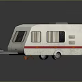 White Caravan With Gray Roof Red Stripe Windows Door Near Small Table And Bucket