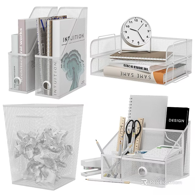 Mesh Decorative Ornament Set For Office Desktop With Pen Holder File Rack Clock Trash Bin 3d model 