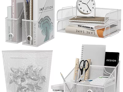 Mesh Decorative Ornament Set For Office Desktop With Pen Holder File Rack Clock Trash Bin 3d model