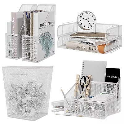 Mesh Decorative Ornament Set For Office Desktop With Pen Holder File Rack Clock Trash Bin 3d model