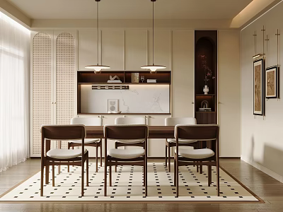 Modern Dining Room Interior With Wooden Table Chairs Pendant Lights Cabinets And Rug 3d model