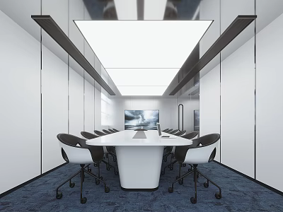 Modern Conference Room Interior With Long White Table Black Office Chairs And Large Screen 3d model