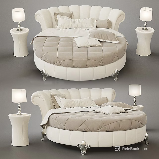 Elegant Round Double Bed With Quilted Mattress Soft Pillows White Side Tables And Table Lamps 3d model 
