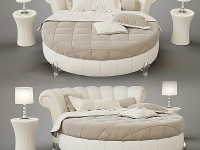 Elegant Round Double Bed With Quilted Mattress Soft Pillows White Side Tables And Table Lamps 3d model