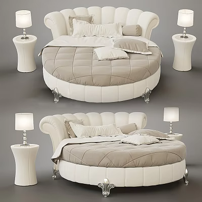 Elegant Round Double Bed With Quilted Mattress Soft Pillows White Side Tables And Table Lamps 3d model
