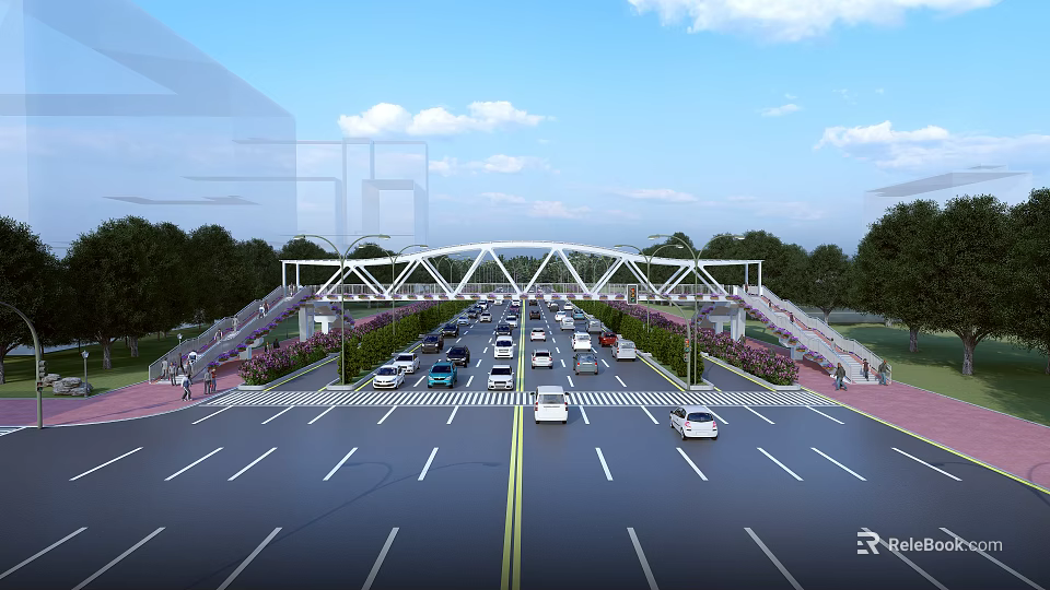 Modern Bridge With Vehicles On Road And Pedestrian Walkway Surrounded By Green Trees 3d model 