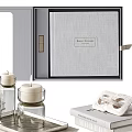 Elegant Decorative Ornament Set With Open Box Stacked Books Candles Glass Jars And Tray