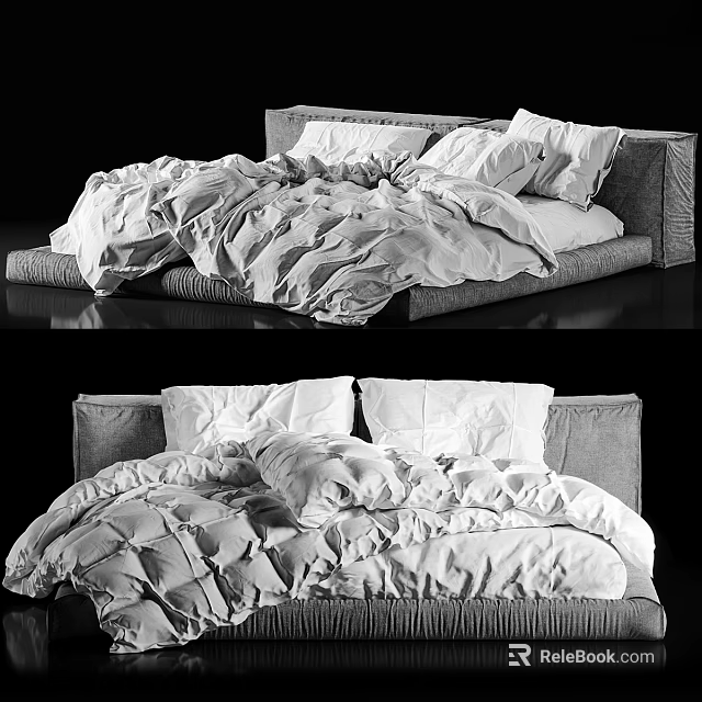Modern Upholstered Double Bed With Soft White Quilt And Plush Pillows 3d model