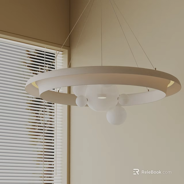 Modern White Circular Chandelier With Hanging Orbs In Interior With Window Blinds 3d model 