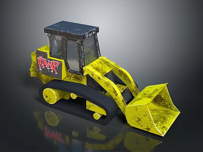 Yellow Toy Bulldozer Model With PWR Logo Tracks And Muddy Bucket Design 3d model