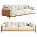 Modern Cream Colored Double Sofa With Wooden Frame And Black Pattern Throw Pillow