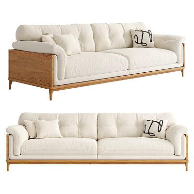 Modern Cream Colored Double Sofa With Wooden Frame And Black Pattern Throw Pillow 3d model