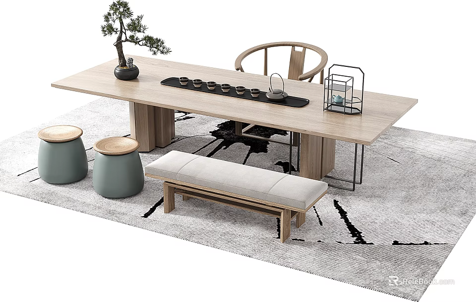 Wooden Tea Table With Matching Chairs Bench Green Stools Tea Set And Potted Plant 3d model 