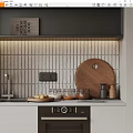 Minimalist Modern Kitchen Interior With Bricked Backsplash Wooden Cutting Board Glass Jars And Clay Jars