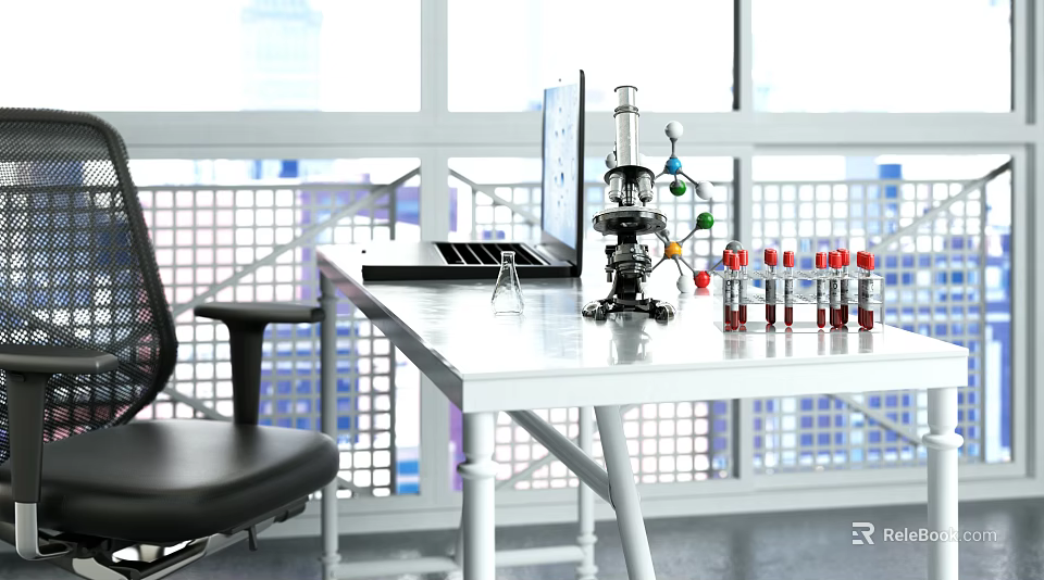 Professional Medical Equipment Setup With Microscope Test Tubes And Laptop In Laboratory 3d model 