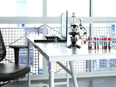 Professional Medical Equipment Setup With Microscope Test Tubes And Laptop In Laboratory 3d model
