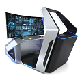 Modern Entertainment Electronics Gaming Setup With LED-Lit Seat And Multiple Monitors