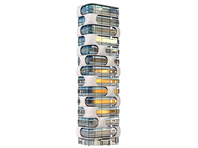 High Rise Modern Office Building With Curved Glass Curtain Wall and Illuminated Interior Windows 3d model