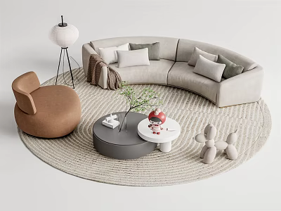 Curved Gray Sofa with Pillows and Two Coffee Tables on Woven Rug and Accent Chair 3d model