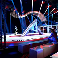 Fashion Runway Stage Design With White Platform Red Border Black White Stripes And Lighting