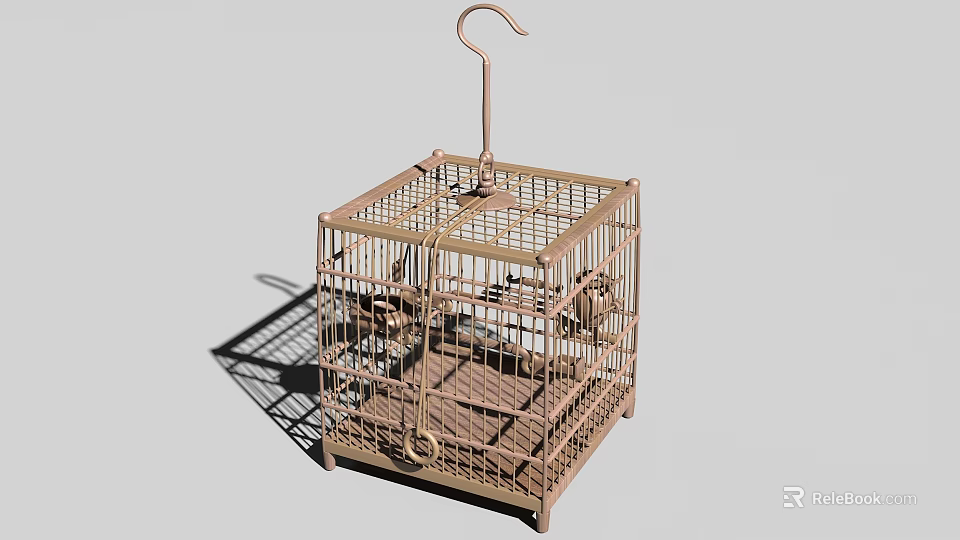 Decorative Golden Metal Birdcage Featuring Square Design And Hanging Hook 3d model 