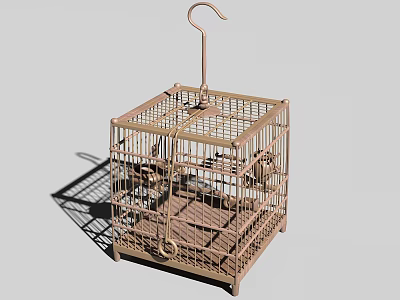 Decorative Golden Metal Birdcage Featuring Square Design And Hanging Hook 3d model
