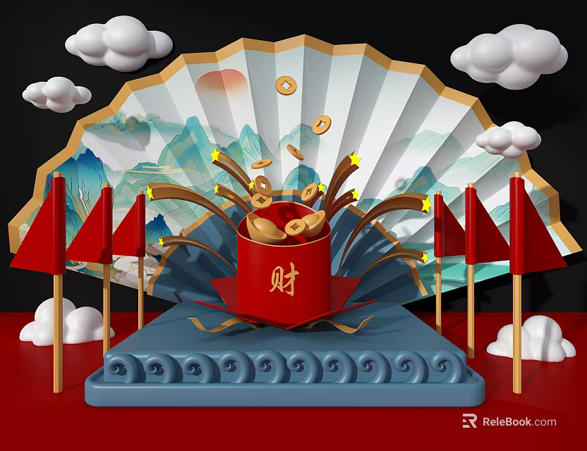 Chinese Traditional Wealth Container With Gold Coins Fan Background And Red Flags 3d model 
