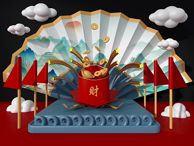Chinese Traditional Wealth Container With Gold Coins Fan Background And Red Flags 3d model