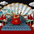 Chinese Traditional Wealth Container With Gold Coins Fan Background And Red Flags